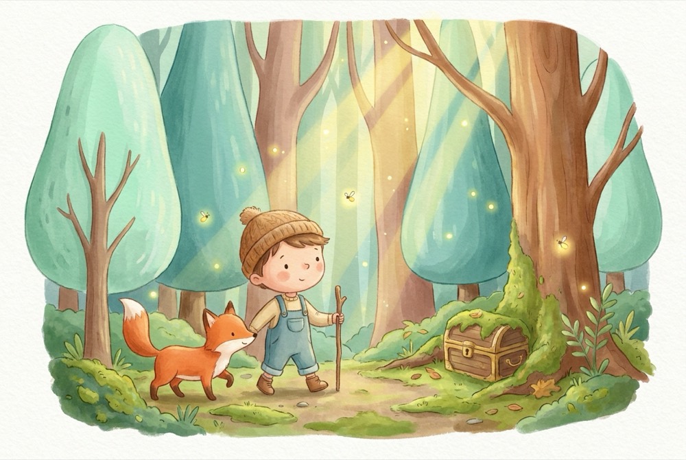 Illustration zur Geschichte „Jonas und der Schatz im Flüsterwald“